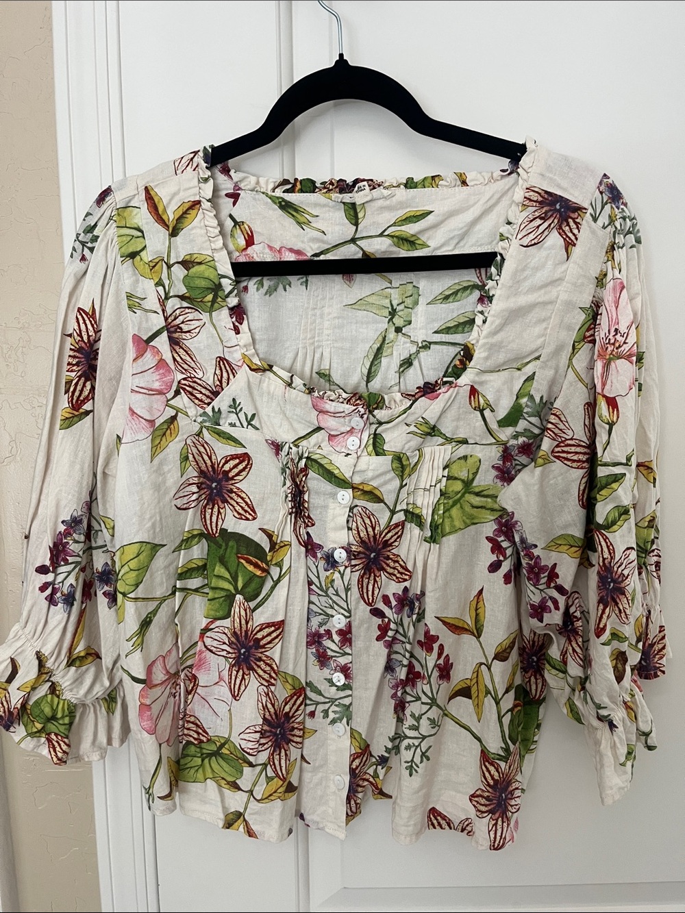 Floral Button-Front Peasant Top - Cream with Pink & Green Floral